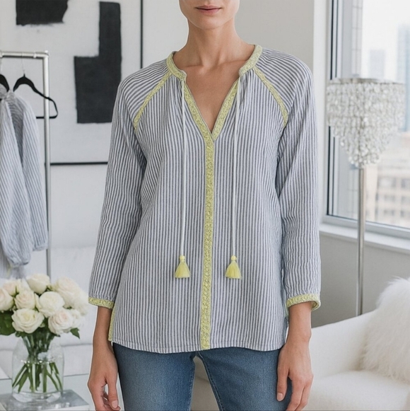 Spartina 449 Tops - Spartina 449 Carlen Tunic Carolina Blue Stripe Yellow Embroidery & Tassel - M